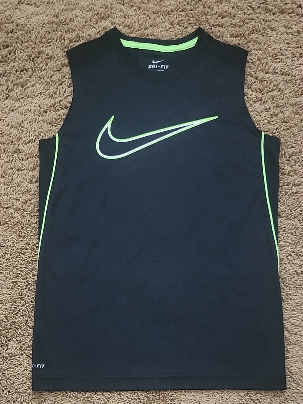 Nike Black Sleeveless Dri-FIT Tank with Neon Green Swoosh - Size Boys Medium